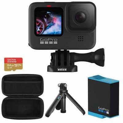 GoPro HERO9 Black Holiday Bundle - Waterproof Action Camera with Extra Reachable Battery, 64GB Memory Card and Tripod/Handle